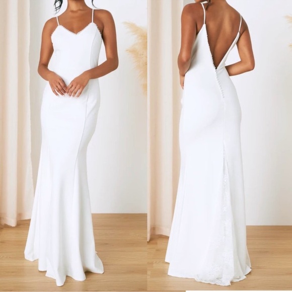 Lulu’s Taliana White Lace Button Back Maxi Mermaid Bridal Dress - Picture 7 of 16